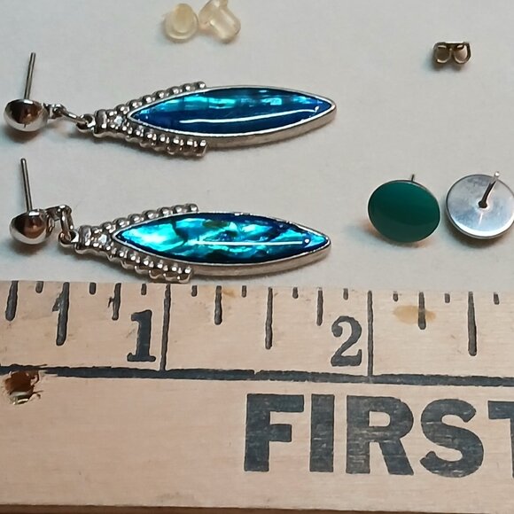 Two Pair Vintage Costume Silver Tone Faux BlueGreen Turquoise Stud Earrings #29W - Picture 11 of 11